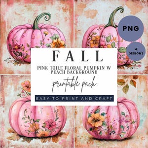 May include: Four pink pumpkin designs with floral patterns and green stems are displayed against a peach-colored background. The text "FALL" and "printable pack" are included in the image. The designs are labeled "PNG" and "4 designs".