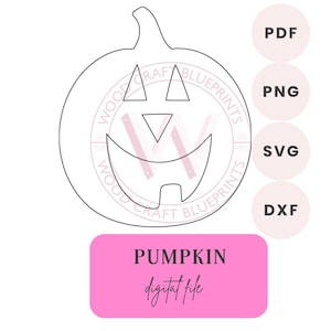 May include: A black and white line drawing of a pumpkin with a carved face. The image includes the text "PUMPKIN digital file" on a pink rectangle, and file type options: PDF, PNG, SVG, and DXF.