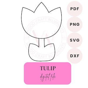 May include: A black and white line drawing of a tulip flower. The image is labeled "TULIP digital file".