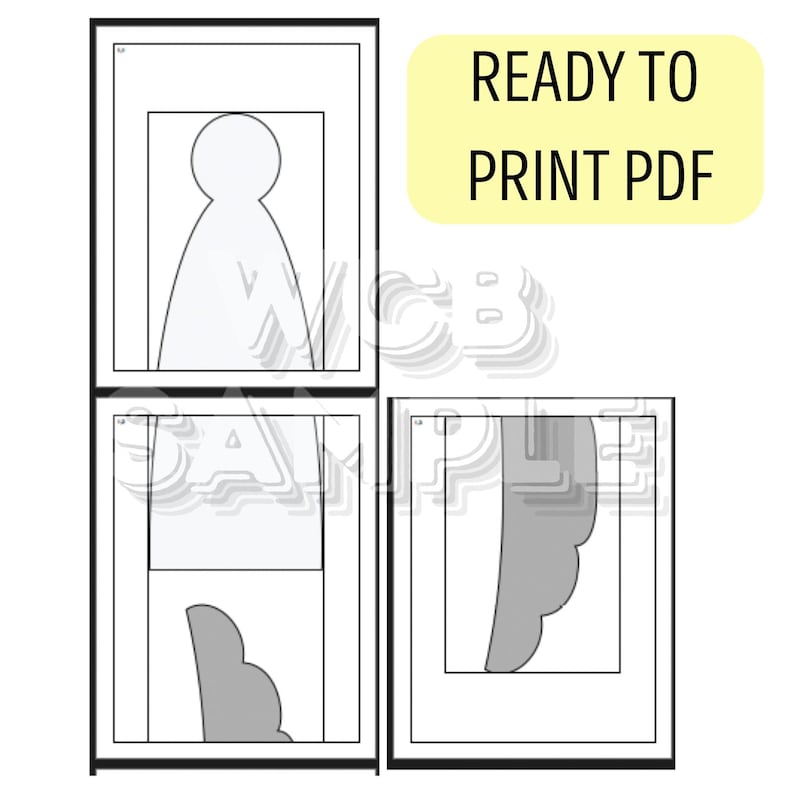 May include: Printable PDF pattern for creating a paper angel ornament. The pattern includes three pieces: the angel's body, wings, and a halo.