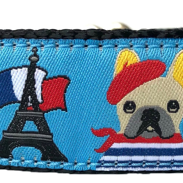 Frenchie on Blue Ribbon Dog Collar (French Bulldog Pattern) (Adjustable 13" - 20")