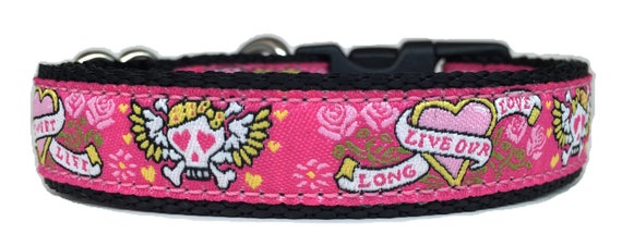 Skull Pattern on Pink Ribbon Dog Collar (sm)