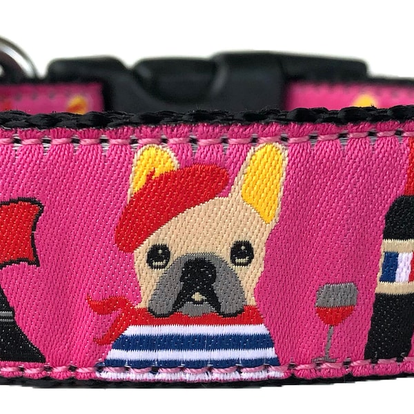 Frenchie on Pink Ribbon Dog Collar (French Bulldog Pattern) (Adjustable 13" - 20")