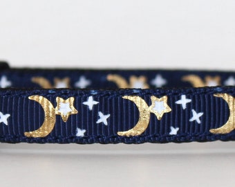 Crescent Moon with Star on Navy Blue Ribbon Cat / X-Small Dog Collar