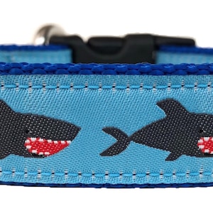 May include: Blue and light blue dog collar with a repeating pattern of black sharks with red mouths.