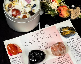 Leo Crystals Set, Leo Zodiac Gifts, Leo Crystal Box, Crystals for Leo, Leo Crystal Candle, Leo Birthstones, Leo Gift Set, Birthday Leo Box