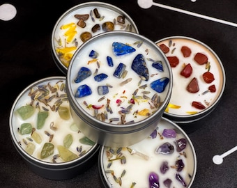 Intention Candles, 4oz Crystal Manifestation Candles, Abundance, Confidence and Relaxation Candles, Small Crystal Herbal Infused Candle