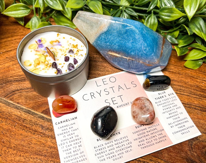 Leo Birthday Gift Box, Leo Crystal Set, Leo Crystals, Leo Candle, Leo Gemstones, Leo Birthstones, Crystals For Leo, Zodiac Birthday Gift Set