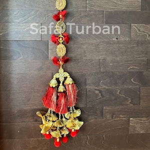 Punjabi Golden/Red Coloured Fabric Parandi Tassles Hair Extensions with Beads for Women and Girls (Sold per piece)