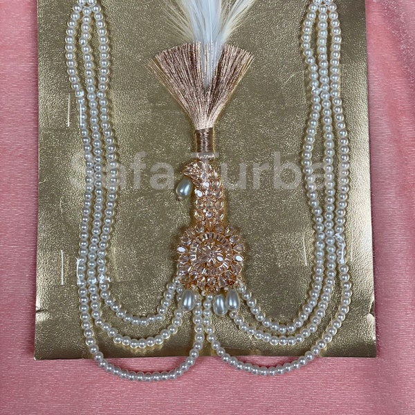 Accessoires de mariage indiens - Turban de safa/de marié Kalangi/Kalgi pour hommes en pierre AD (American Dimond) (avec cordon de perles blanc cassé/crème)