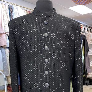 Designer Black Indo Western Coat For Men in Sequence Print