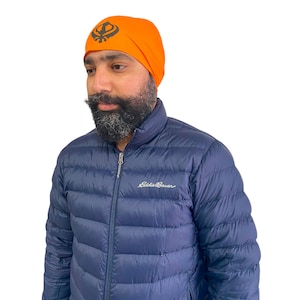 Sikh Patka- Kesari und Blau für Erwachsene (Unisex) mit Khanda Zeichen vorne