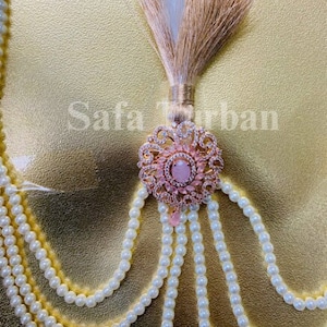 Indian Wedding Accessories-  Kalangi/Kalgi for Men&#39;s Safa/Groom Turban (Pink American Diamond brooch with white pearl string chain)