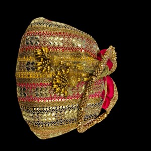Designer Bridal Potli Bag for women with Golden Embroidery and Gotta Work- Multicolored