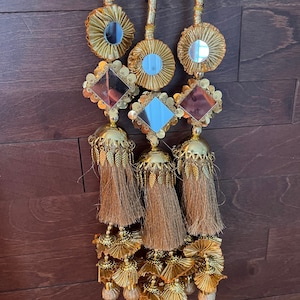 Punjabi Golden/Black Coloured Fabric Parandi Tassles Hair Extensions with Mirror and Beads for Women and Girls (Sold per piece)