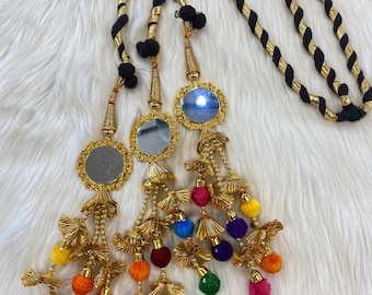 Extensiones de cabello con borlas Parandi de tela dorada y multicolor punjabi con cuentas para mujeres y niñas (se venden por unidad)