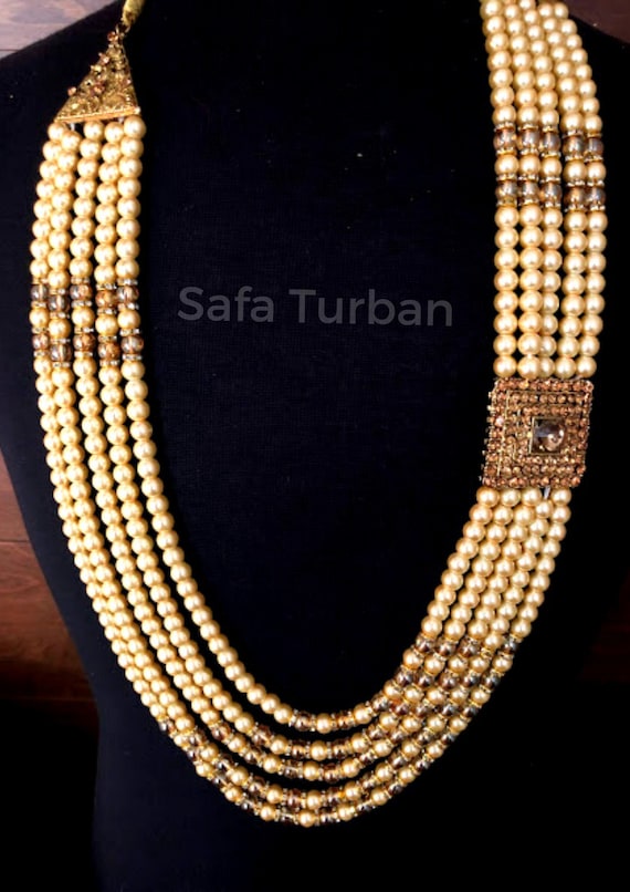 Indian Wedding- Pearl Necklace with Kundan Brooch for Men/Groom for Wedding  (Cream/Golden Beads)