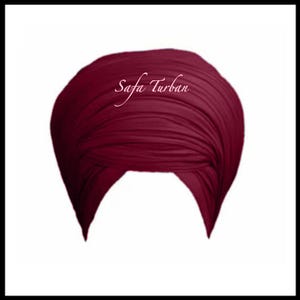 May include: A burgundy turban, also known as a safa, is a traditional head covering worn by men.