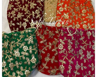 Multi Colour Potli Bag for women with Golden Embroidery and Pearl Handle