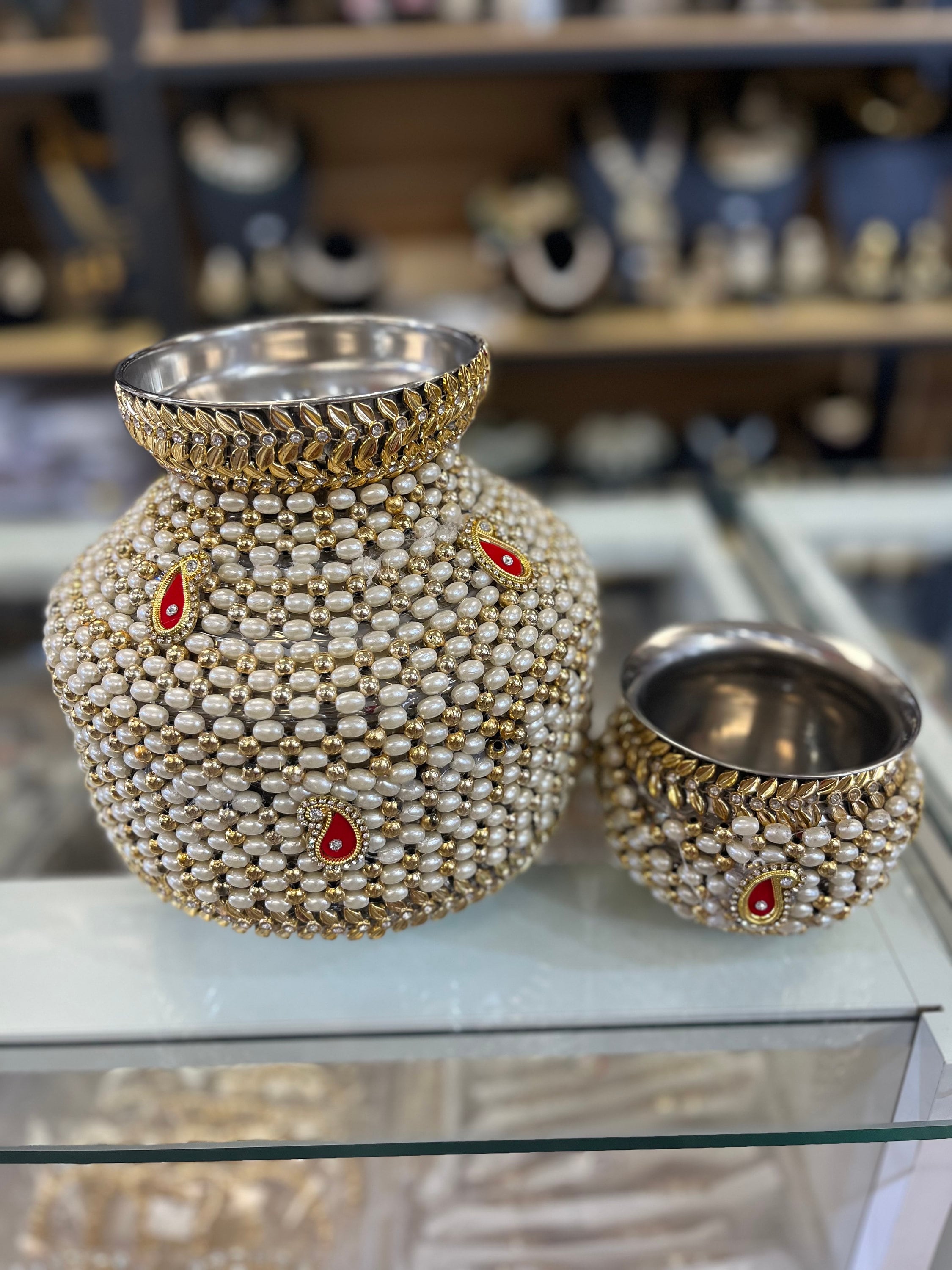 Wedding Accessories- White bearl beads decorated Ghadoli/Matka/Kalash For Wedding/Puja .