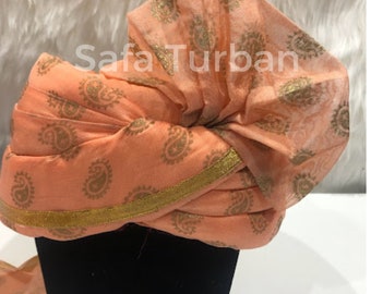 Wedding Turban- Peach Safa with Golden Golden Border and Pasley Design- Safa Turban/Premade Turban/ Wedding Safa (Baraati/Family Turban)