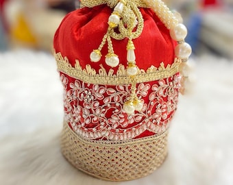 Designer Bridal Potli Bag for women with Embroidery and Embellished Stones- Red