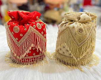 Designer Bridal Potli Bag for women with Embroidery and Embellished Stones- Red and Golden