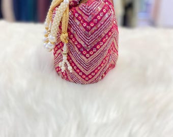 Designer Bridal Potli Bag for women with Embroidery and Embellished Stones- Red