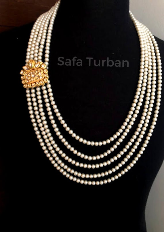 Indian Wedding- Pearl Necklace With Kundan Brooch for Men/groom