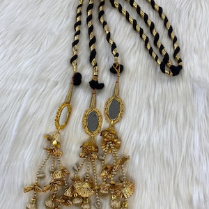 Punjabi Golden and multi Colour Fabric Parandi Tassles Hair Extensions with Beads for Women and Girls (Sold per piece)