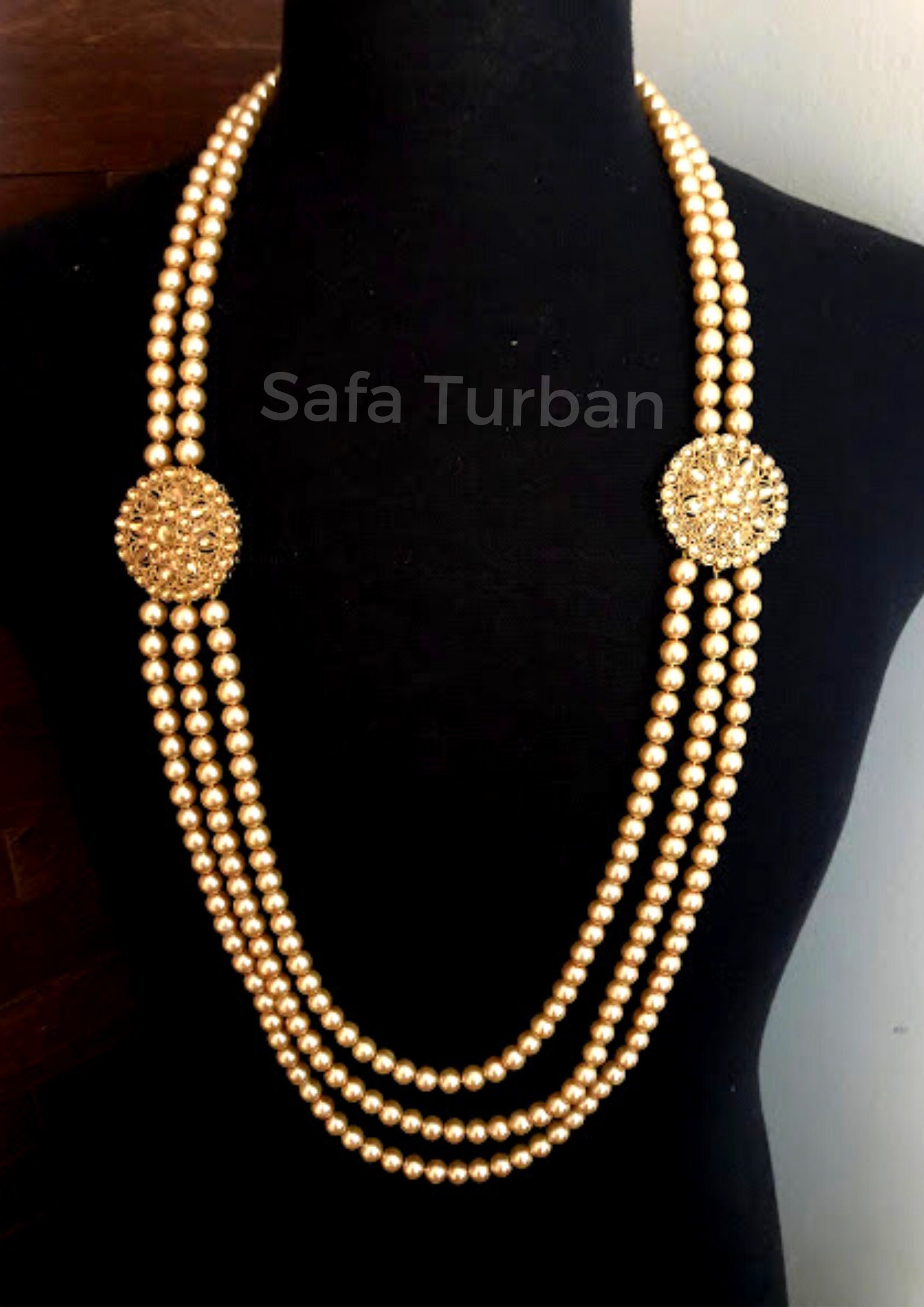 Indian Wedding Pearl Necklace with Kundan Brooch for Men Groom for Wedding Cream Golden Beads