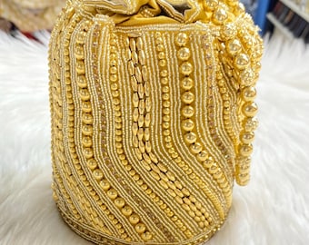 Designer Bridal Potli Bag for women with Embroidery and Embellished Stones- Gold