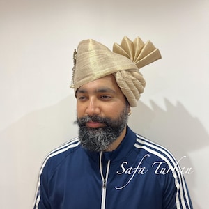 Indian Wedding- Raw Silk Fabric handmade Safa for groom in Golden colour, Groom Head Safa Turban/Pagdi/Premade Turban Headwrap for Dulha