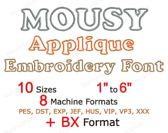 Fuente de bordado Mousy Applique, fuente Monogram BX, diseño de bordado de máquina, fuente Alphabet PES para bordado, fuente de bordado para niños BX dst
