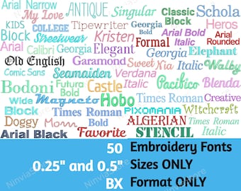 50 BX Embroidery Fonts 0.25&quot; and 0.5&quot; Size, Machine Embroidery Font BX, Alphabet Embroidery Design, BX font for Embroidery, Small Size Font