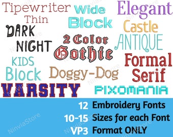 12 VP3 Embroidery Font Bundle, VP3 font for Embroidery, Machine Embroidery Font VP3, Alphabet Embroidery Design Monogram Embroidery Font vp3