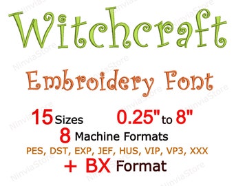 May include: Green and orange embroidery font design called "Witchcraft Embroidery Font". The font is available in 15 sizes from 0.25 inches to 8 inches. It comes in 8 machine formats: PES, DST, EXP, JEF, HUS, VIP, VP3, XXX, and BX.