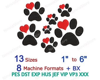May include: A digital embroidery design featuring a cluster of black paw prints with red hearts in the centre of each print. The design is available in 13 sizes and 8 machine formats, including PES, DST, EXP, HUS, JEF, VIP, VP3, and XXX. The design is suitable for embroidery projects ranging from 1 to 6 inches.