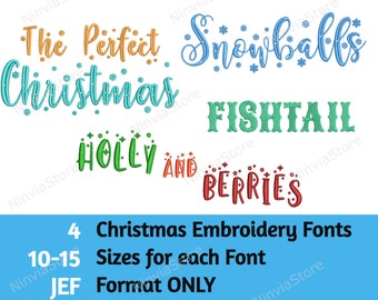 May include: Four Christmas embroidery fonts in JEF format. The fonts are "The Perfect Christmas", "Snowballs", "Fishtail", and "Holly and Berries". The fonts are available in 10-15 sizes.