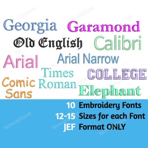 Könnte beinhalten: Ein blauer Hintergrund mit 10 Stick-Schriftarten in verschiedenen Farben. Die Schriftarten sind: Georgia, Garamond, Old English, Calibri, Arial, Arial Narrow, Times Roman, Comic Sans, College und Elephant. Der Text unter den Schriftarten lautet: "10 Stick-Schriftarten 12-15 Größen für jede Schriftart JEF-Format NUR".