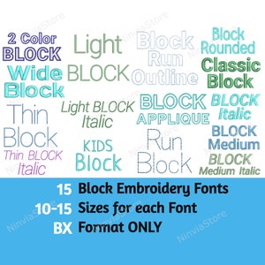 Pode incluir: Um fundo azul com texto branco que diz "15 Block Embroidery Fonts 10-15 Sizes for each Font BX Format ONLY". A imagem também mostra uma variedade de fontes de bordado em bloco em diferentes estilos, incluindo "2 Color Block", "Wide Block", "Thin Block", "Light Block Italic", "Block Applique", "Block Rounded", "Classic Block", "Block Italic", "Kids Block", "Run Block", "Block Medium" e "Block Medium Italic".