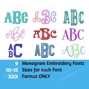 9 XXX Monogram Embroidery Fonts Bundle, Block Monogram Alphabet Embroidery Design, Machine Embroidery Font XXX, Script Monogram XXX Font