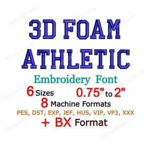 Könnte beinhalten: 3D Foam Athletic Stickerei-Schriftart in blauer Schrift auf tealgrünem Hintergrund. Die Schriftart ist in 6 Größen von 0,75 Zoll bis 2 Zoll erhältlich. Sie ist in 8 Maschinenformaten erhältlich: PES, DST, EXP, JEF, HUS, VIP, VP3, XXX und BX.