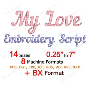 My Love Script Stickschrift, Kalligraphie Schrift pe, ONE Schrift für Stickerei, PES Monogramm Schrift, Alphabet Machine Cursive Schrift DST