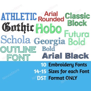 Könnte beinhalten: Ein grafisches Bild, das 10 verschiedene Stickfonts in verschiedenen Farben zeigt. Der Text lautet "10 Stickfonts 14-15 Größen für jede Schriftart NUR DST-Format".