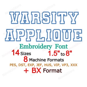 Fonte de bordado Varsity Applique, design de bordado à máquina, fonte Monogram BX, fonte Alphabet PES para bordado, fonte Varsity Embroidery, BX