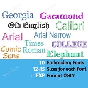May include: A blue background with a collection of 10 embroidery fonts in various colors. The fonts are displayed in a variety of sizes, ranging from 12 to 15 points. The text "10 Embroidery Fonts" and "12-15 Sizes for each Font" is displayed in black text. The text "EXP Format ONLY" is displayed in black text.