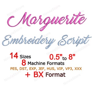Fuente de bordado Marguerite Script, fuente de caligrafía pe, fuente monograma PES, fuente BX para bordado, fuente pe alfabeto máquina fuente cursiva DST