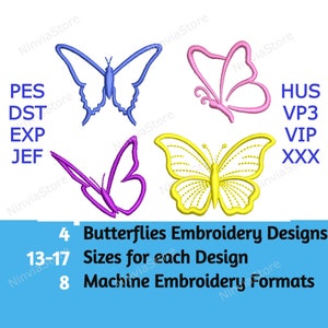 4 Butterflies Machine Embroidery Designs, Outline Butterfly Embroidery, 13-17 Sizes, Embroidery Pattern, PES DST JEF exp hus vp3 vip xxx