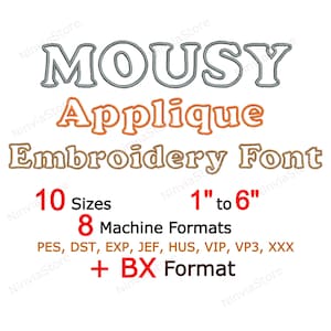 Police de broderie Mousy Applique, police Monogram BX, motif de broderie machine, police Alphabet PES pour la broderie, police de broderie pour enfants BX dst